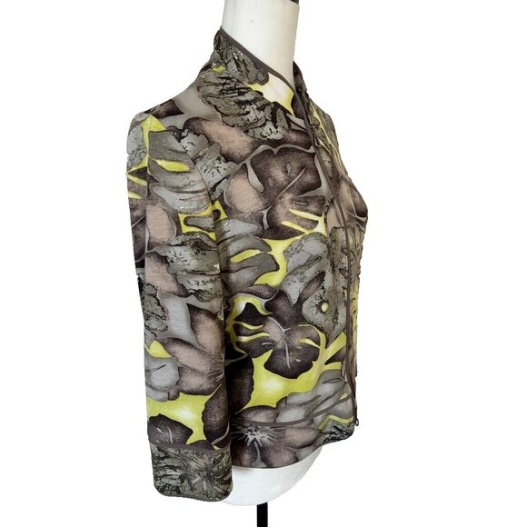 JOSEPH RIBKOFF Full Zip Up Jacket Top Size 10 Gray Yellow Floral 3/4 Sleeve - Picture 4 of 6